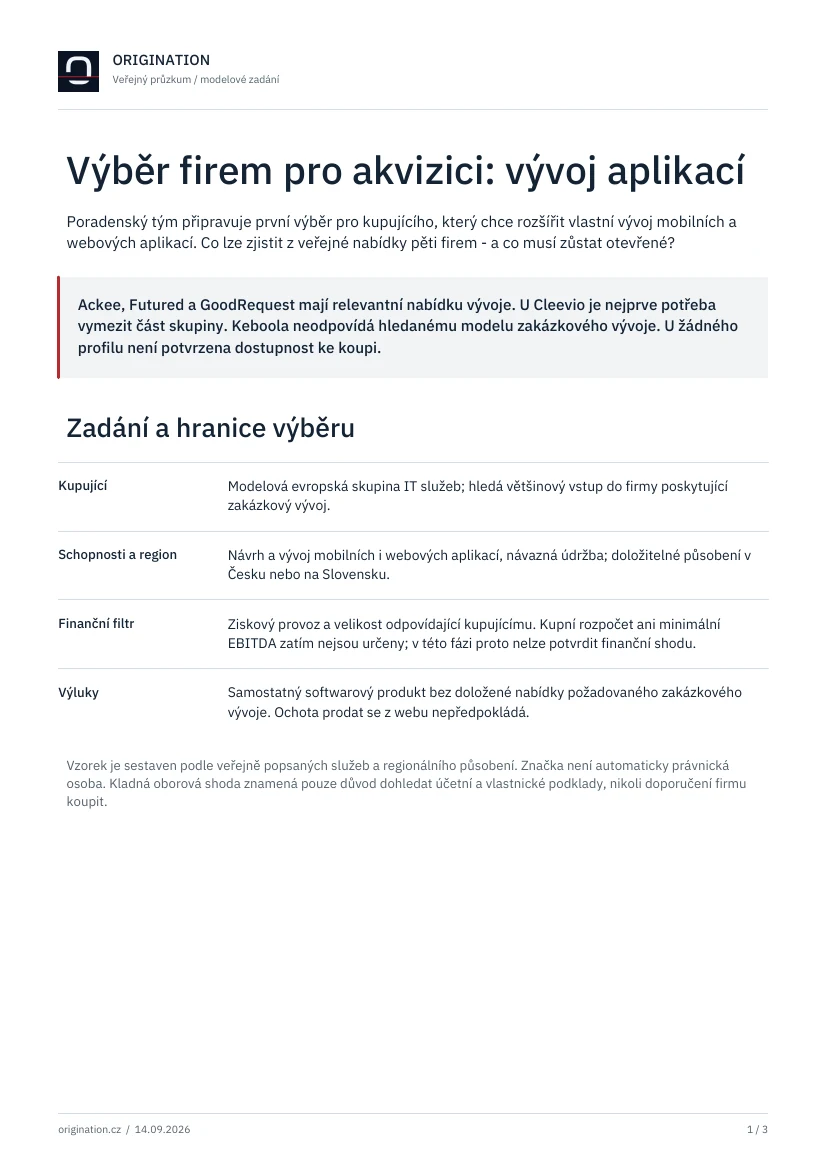 První strana veřejného průzkumu: Výběr firem pro akvizici: vývoj aplikací