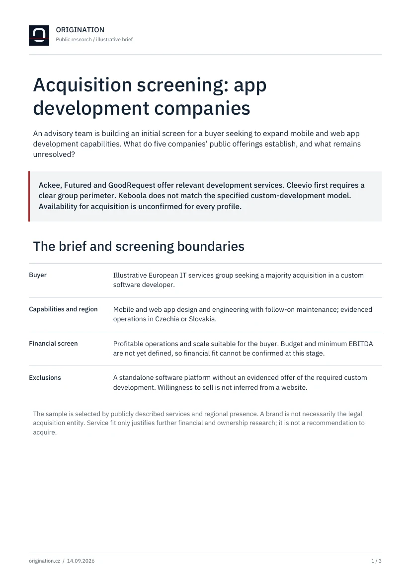 First page of the public research: Acquisition screening: app development companies