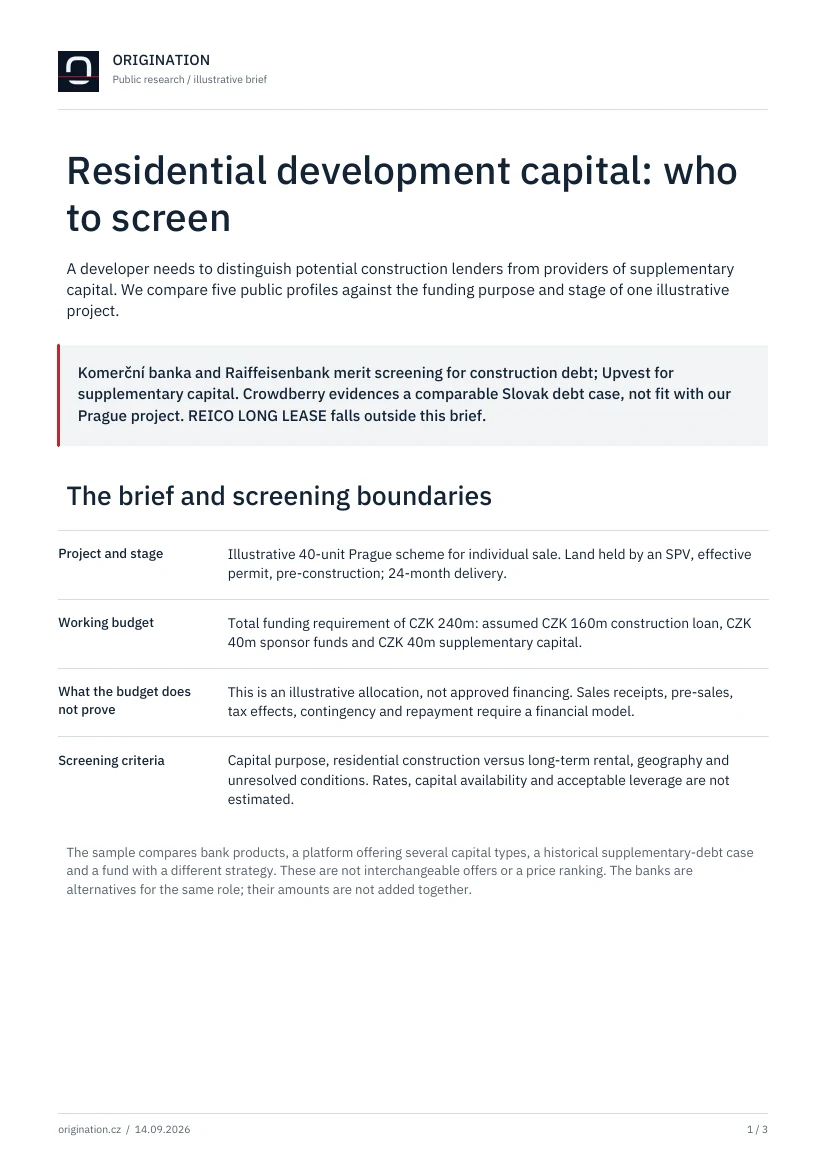 First page of the public research: Residential development capital: who to screen